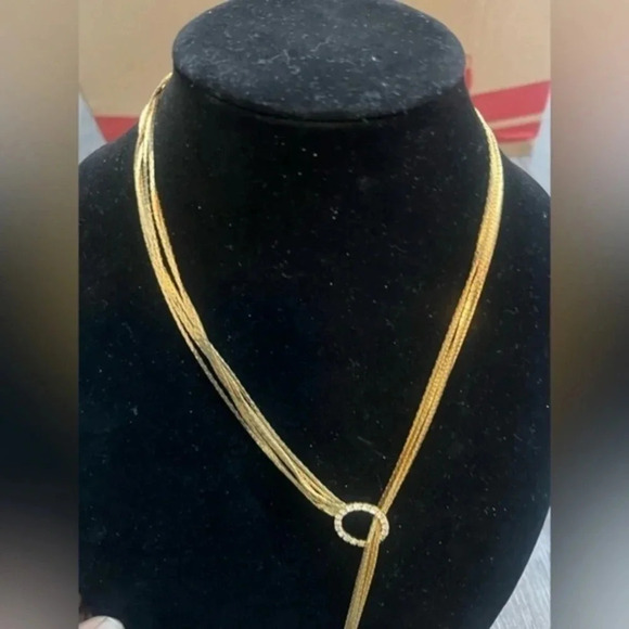 Gold Minimalistic Long Multi-strand Necklace With A Rhinestone Encrusted Accent - Picture 1 of 7